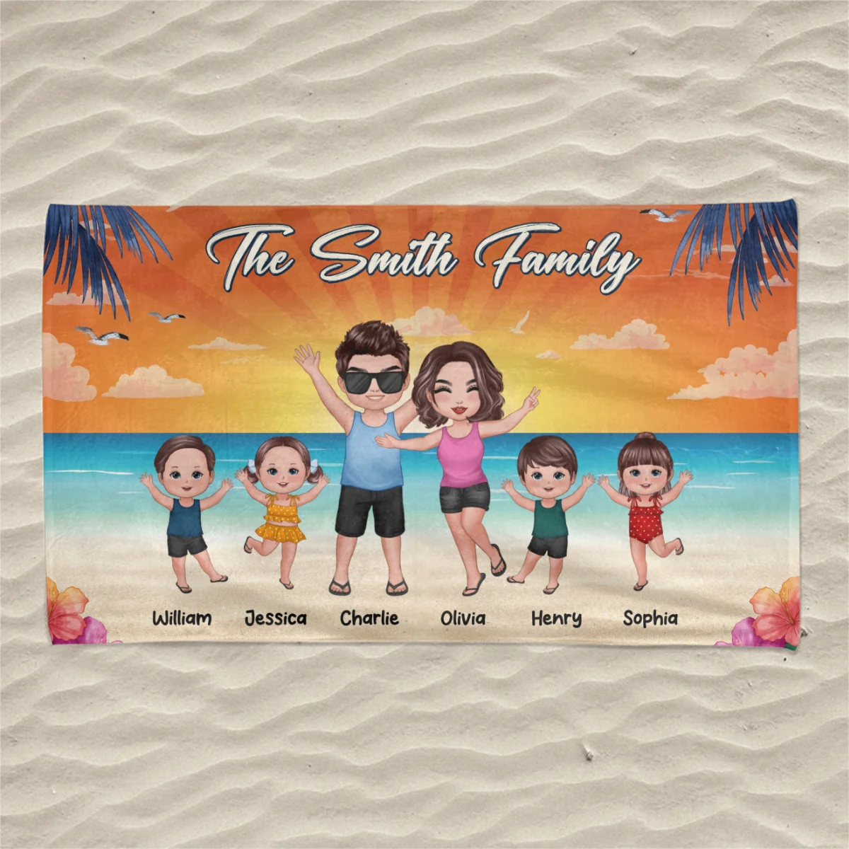 Whole Family Happy Couple Dad Mom Kids Dogs Cats Personalized Beach Towel - Image 4