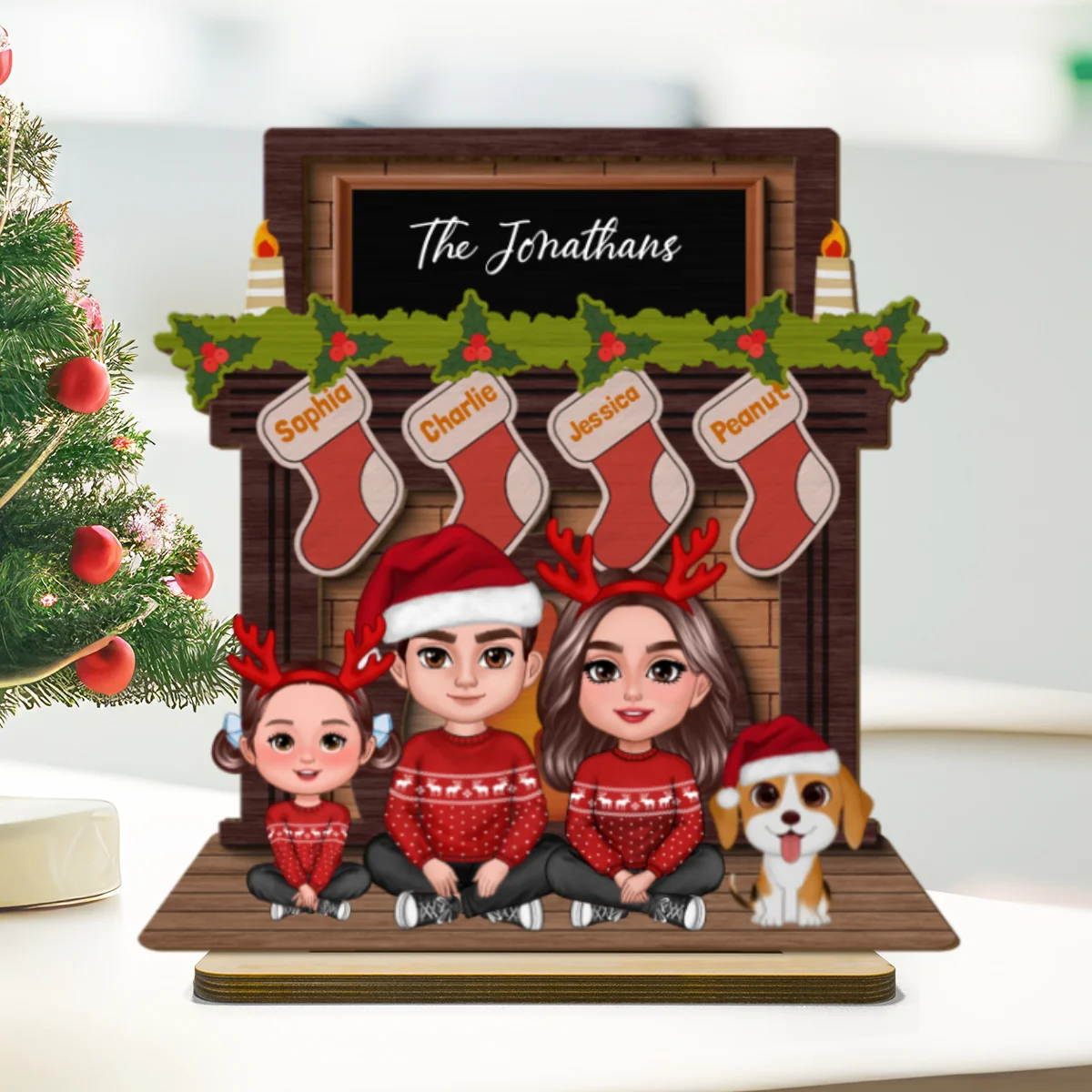 Whole Family Sitting At Christmas Fireplace Personalized 2-Layer Standing Wooden Plaque - Image 10