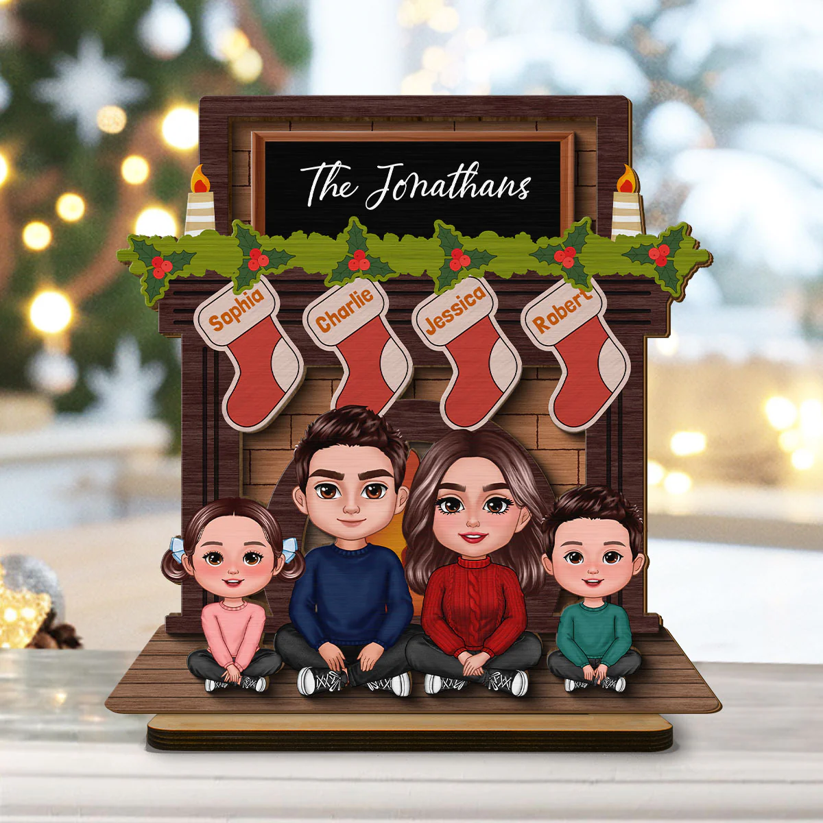 Whole Family Sitting At Christmas Fireplace Personalized 2-Layer Standing Wooden Plaque - Image 8