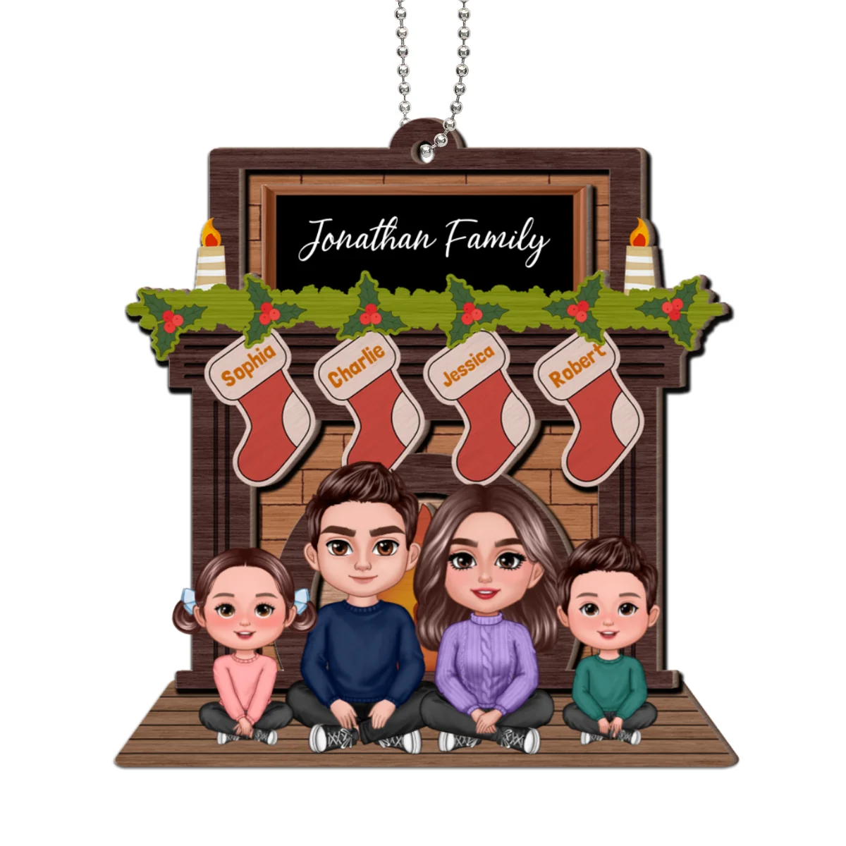 Whole Family Sitting At Christmas Fireplace Personalized 2-Layer Wooden Ornament - Image 11