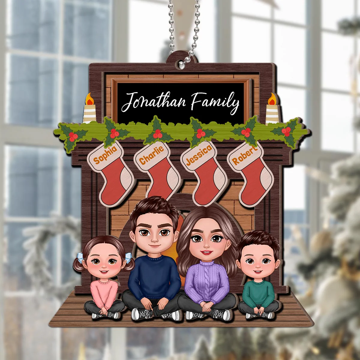 Whole Family Sitting At Christmas Fireplace Personalized 2-Layer Wooden Ornament - Image 7