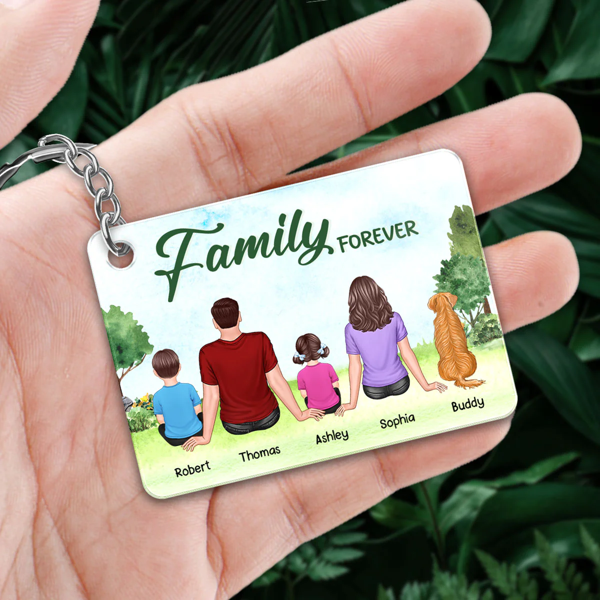 Whole Family Sitting Back View Couple Kid Dog Cat Personalized Acrylic Keychain - Image 2