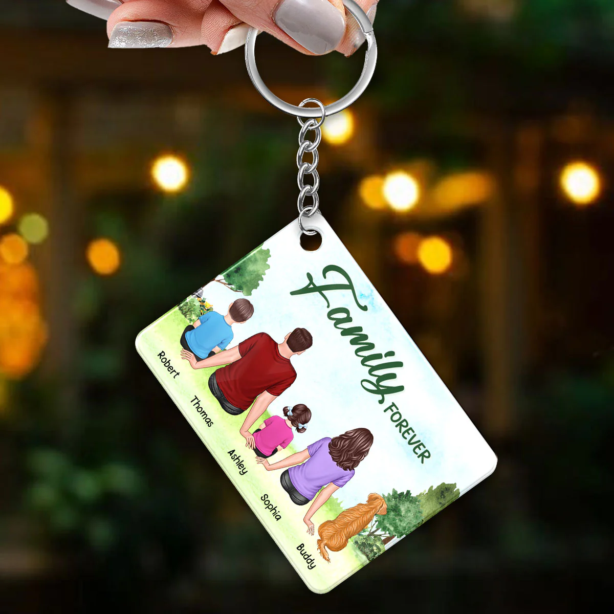 Whole Family Sitting Back View Couple Kid Dog Cat Personalized Acrylic Keychain - Image 3