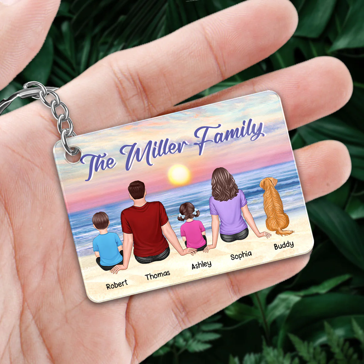 Whole Family Sitting Back View Couple Kid Dog Cat Personalized Acrylic Keychain - Image 4