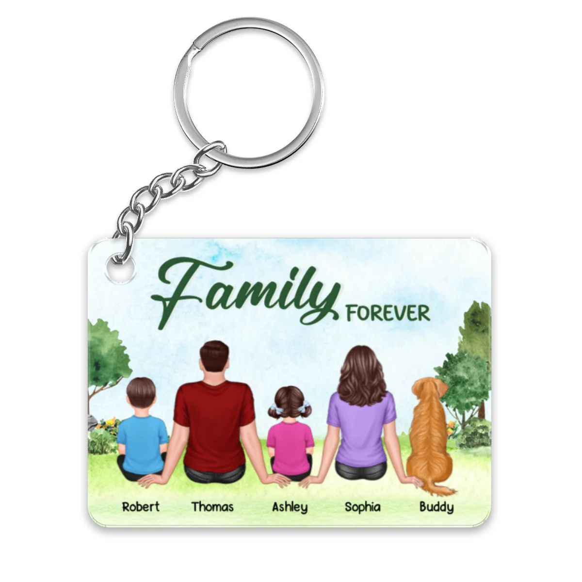 Whole Family Sitting Back View Couple Kid Dog Cat Personalized Acrylic Keychain - Image 5