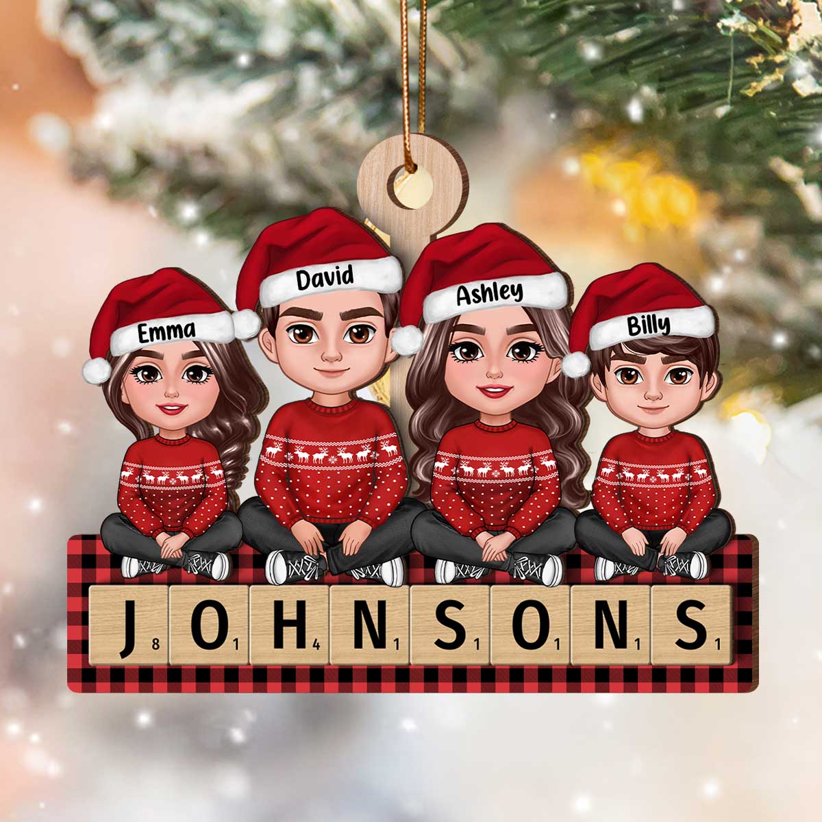 Whole Family Sitting On Word Personalized 2-Layer Wooden Ornament - Image 3