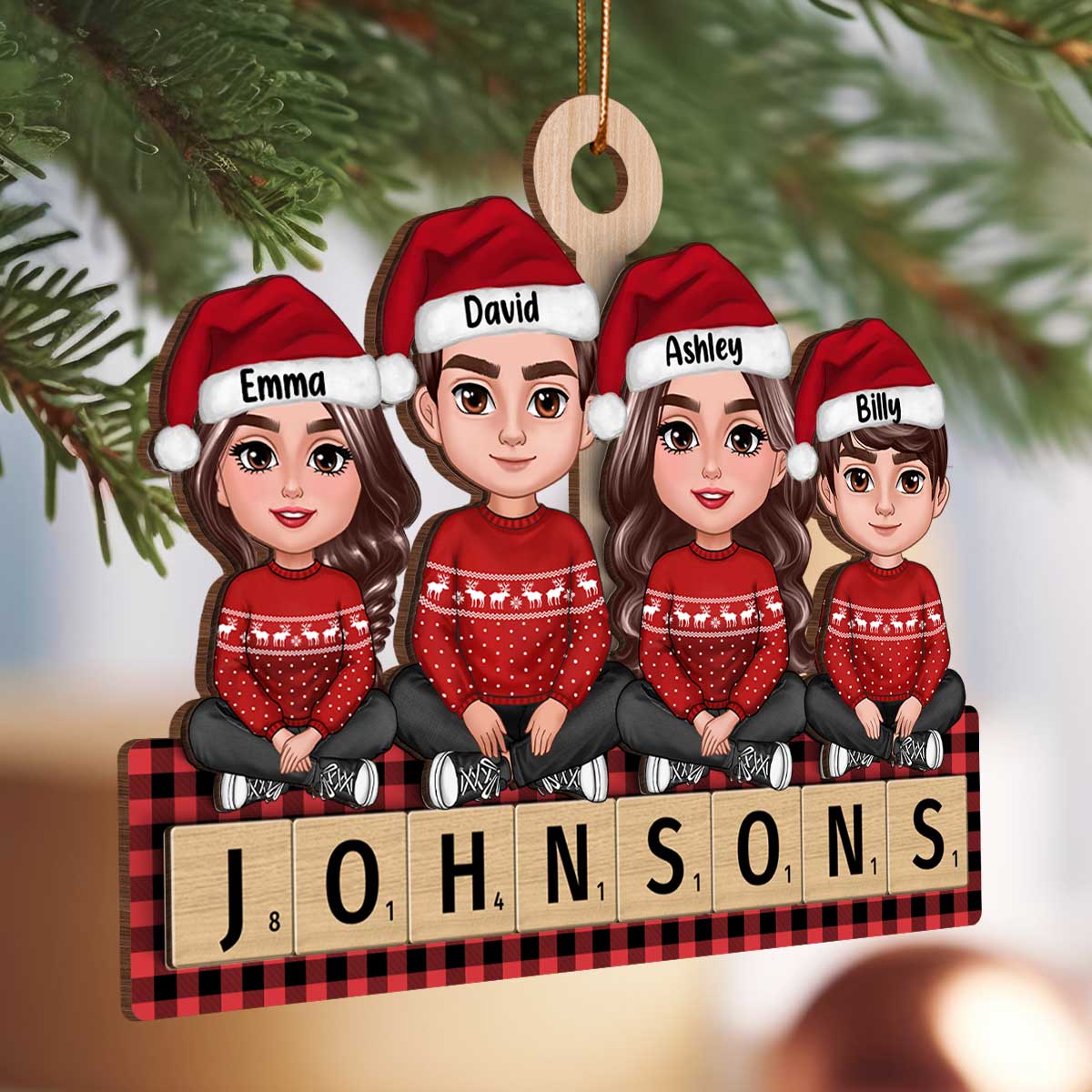 Whole Family Sitting On Word Personalized 2-Layer Wooden Ornament - Image 4