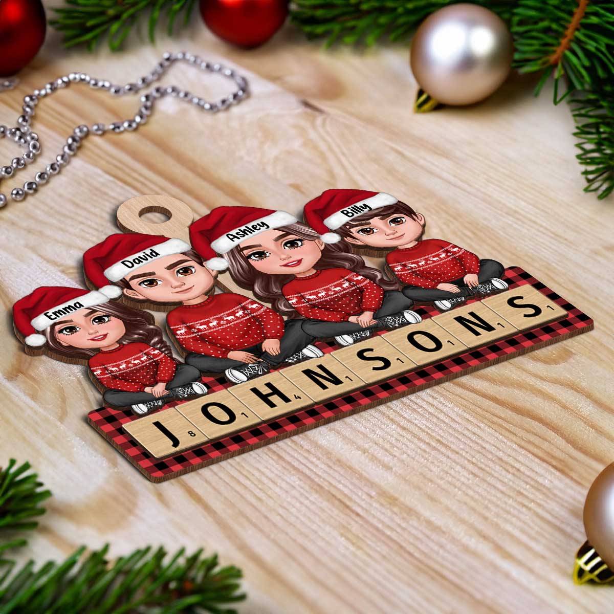 Whole Family Sitting On Word Personalized 2-Layer Wooden Ornament - Image 6