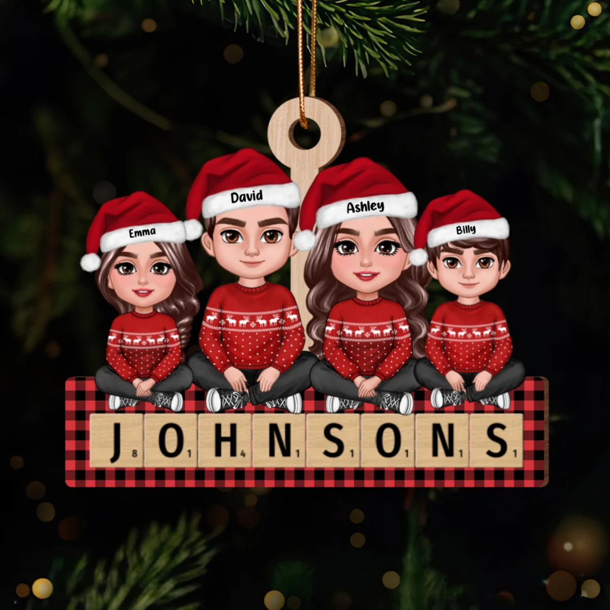 Whole Family Sitting On Word Personalized 2-Layer Wooden Ornament - Image 9