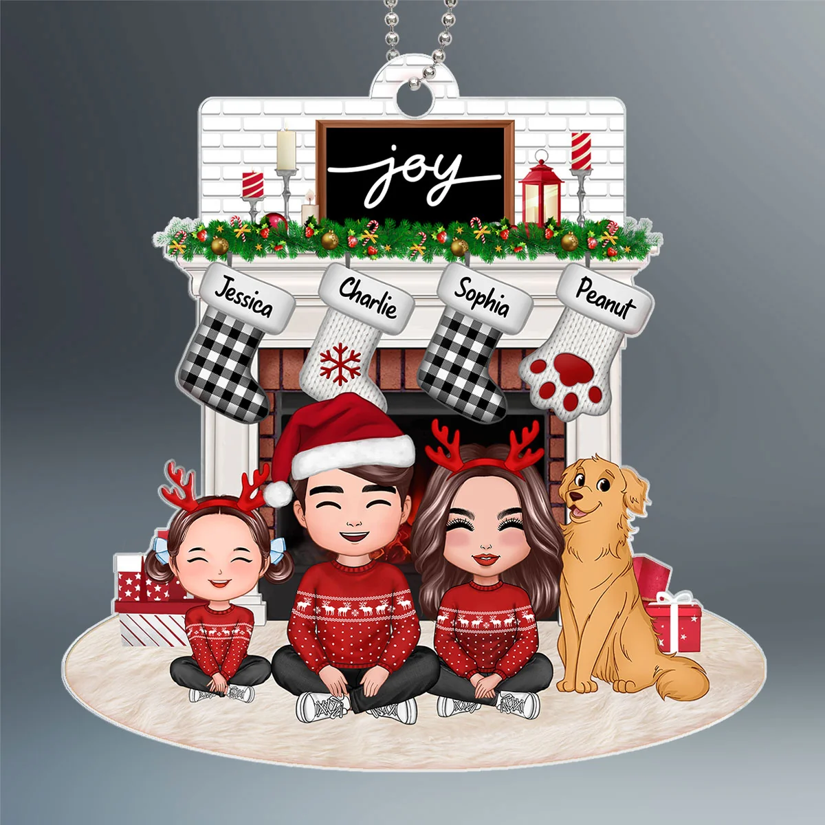 Whole Happy Face Family Dad Mom Kids Dogs Cats Sitting Crossed Legs At Christmas Fireplace Personalized Acrylic Ornament - Image 2