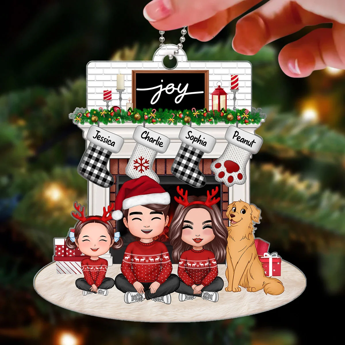 Whole Happy Face Family Dad Mom Kids Dogs Cats Sitting Crossed Legs At Christmas Fireplace Personalized Acrylic Ornament - Image 3