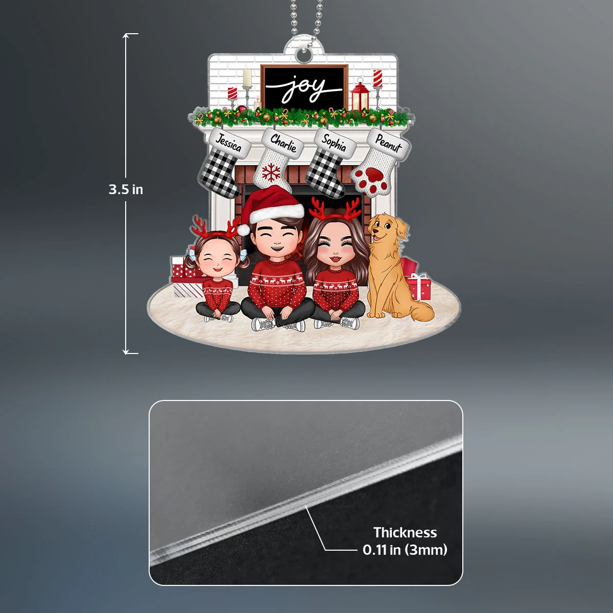 Whole Happy Face Family Dad Mom Kids Dogs Cats Sitting Crossed Legs At Christmas Fireplace Personalized Acrylic Ornament - Image 4