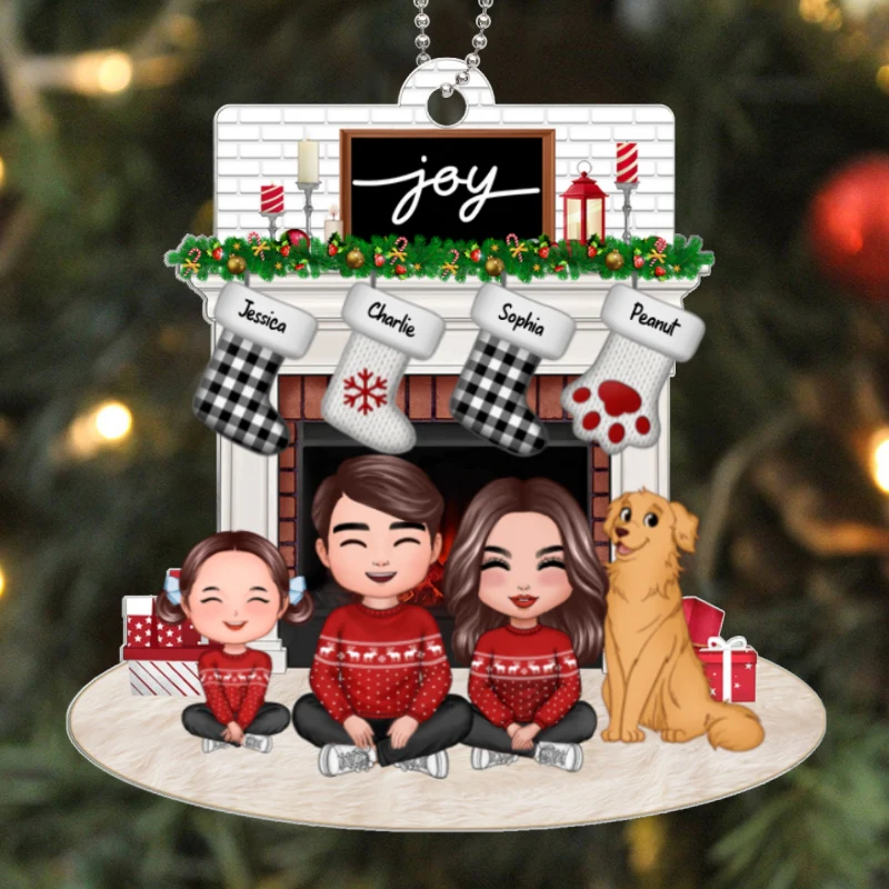 Whole Happy Face Family Dad Mom Kids Dogs Cats Sitting Crossed Legs At Christmas Fireplace Personalized Acrylic Ornament - Image 5