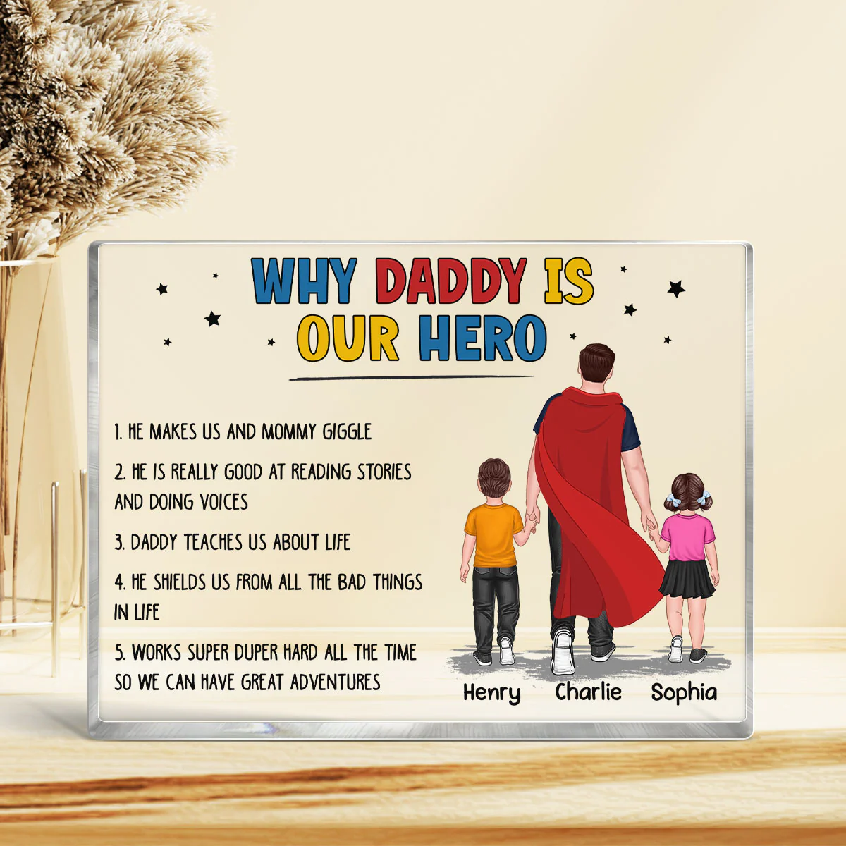 Why Daddy Is My Hero Family Walking Back View Personalized Horizontal Rectangle Acrylic Block Plaque