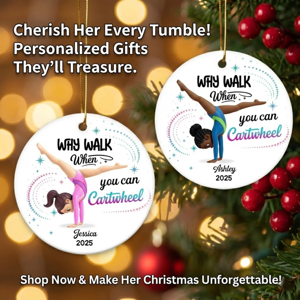 Why Walk When You Can Cartwheel Gymnastic Girl - Personalized Ceramic Ornament - Gymnast Gift For Daughter, Granddaughter - Image 3