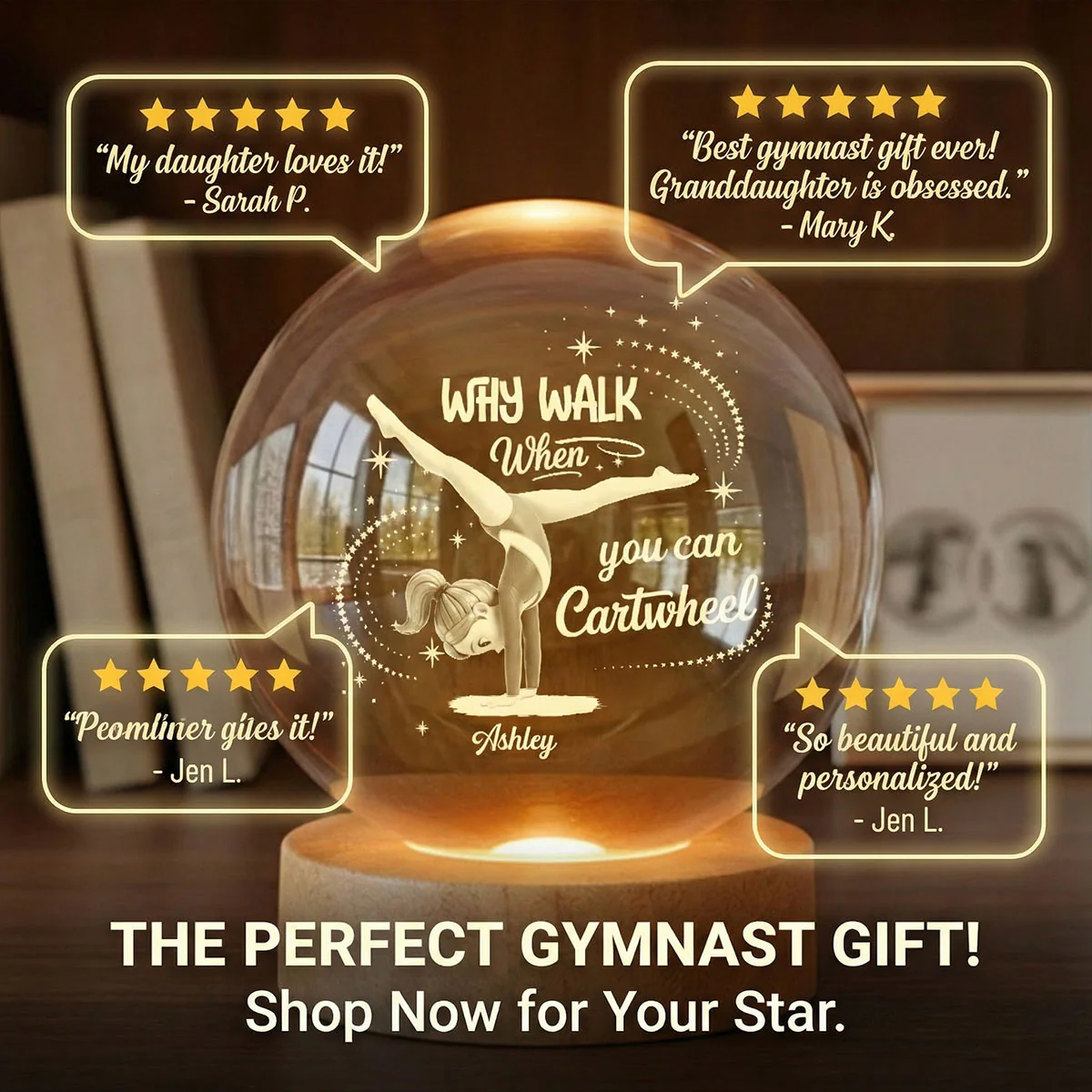 Why Walk When You Can Cartwheel Gymnastic Girl - Personalized Crystal Ball Night Light - Gymnast Gift For Daughter, Granddaughter - Image 6