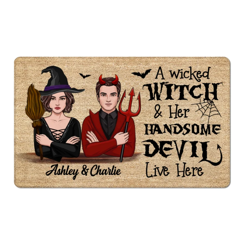 Wicked Witch And Handsome Devil Live Here Halloween Couple Vector Personalized Doormat - Image 6
