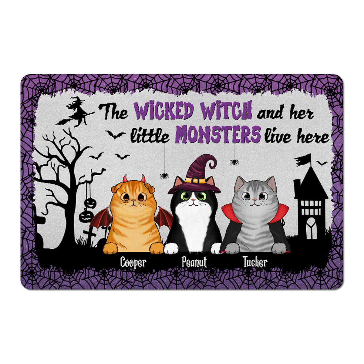 Wicked Witch And Monster Cats Live Here Halloween Spider Net Personalized Doormat