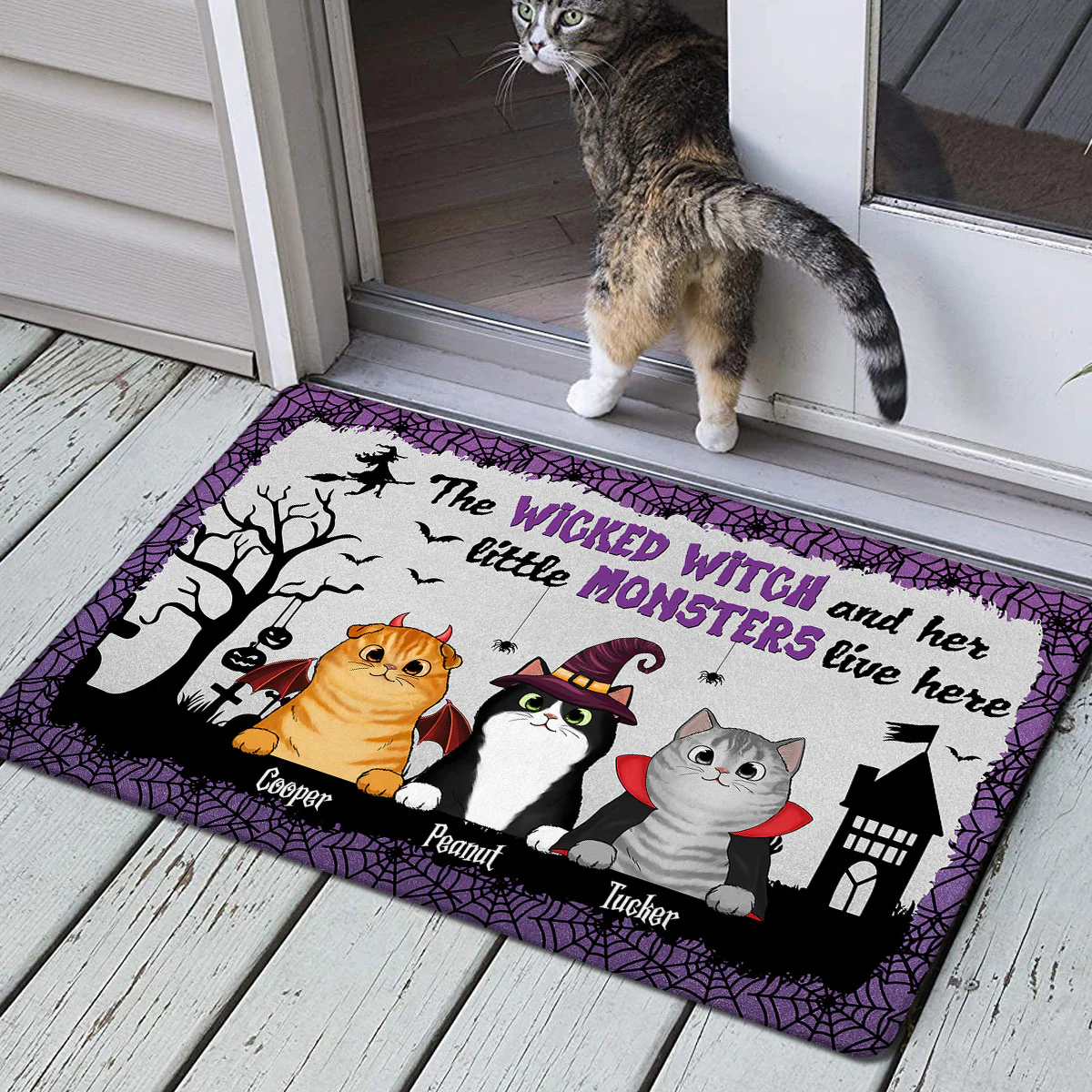 Wicked Witch And Monster Cats Live Here Halloween Spider Net Personalized Doormat - Image 2