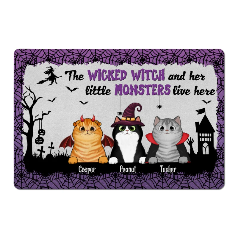 Wicked Witch And Monster Cats Live Here Halloween Spider Net Personalized Doormat - Image 5