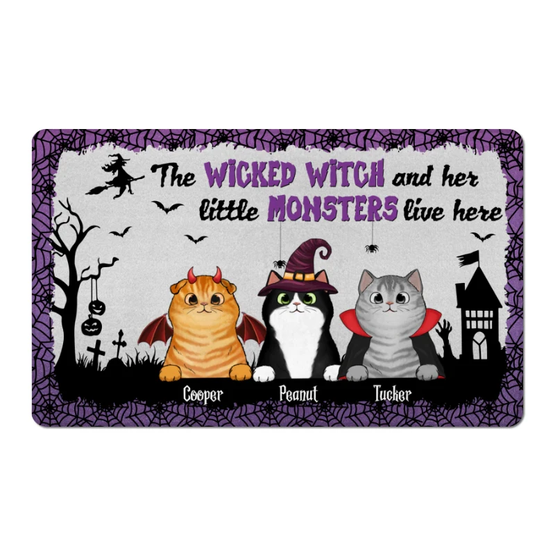 Wicked Witch And Monster Cats Live Here Halloween Spider Net Personalized Doormat - Image 6