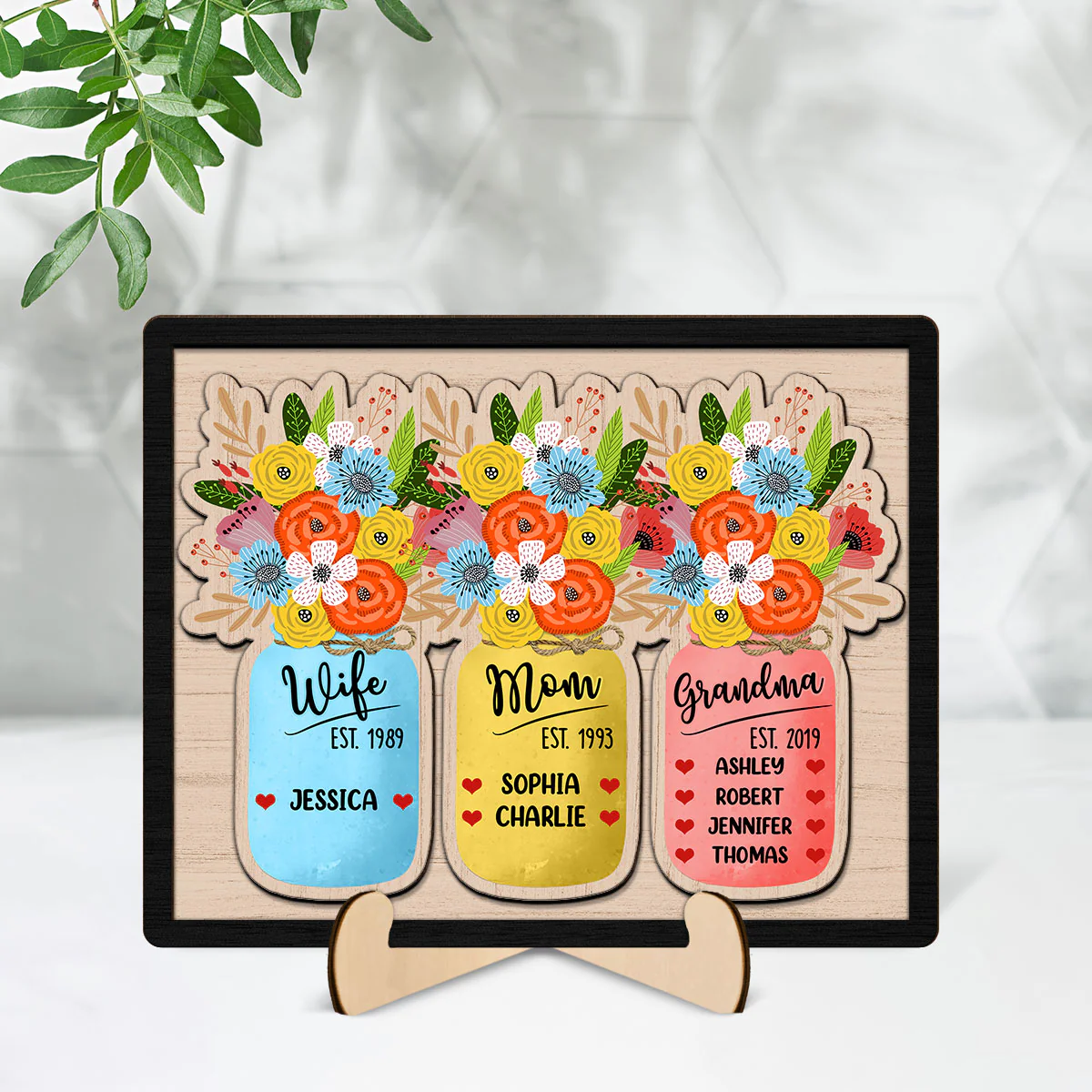 Wife Mom Grandma Flowers Jar Personalized Heart 2-layer Wooden Plaque - Image 2