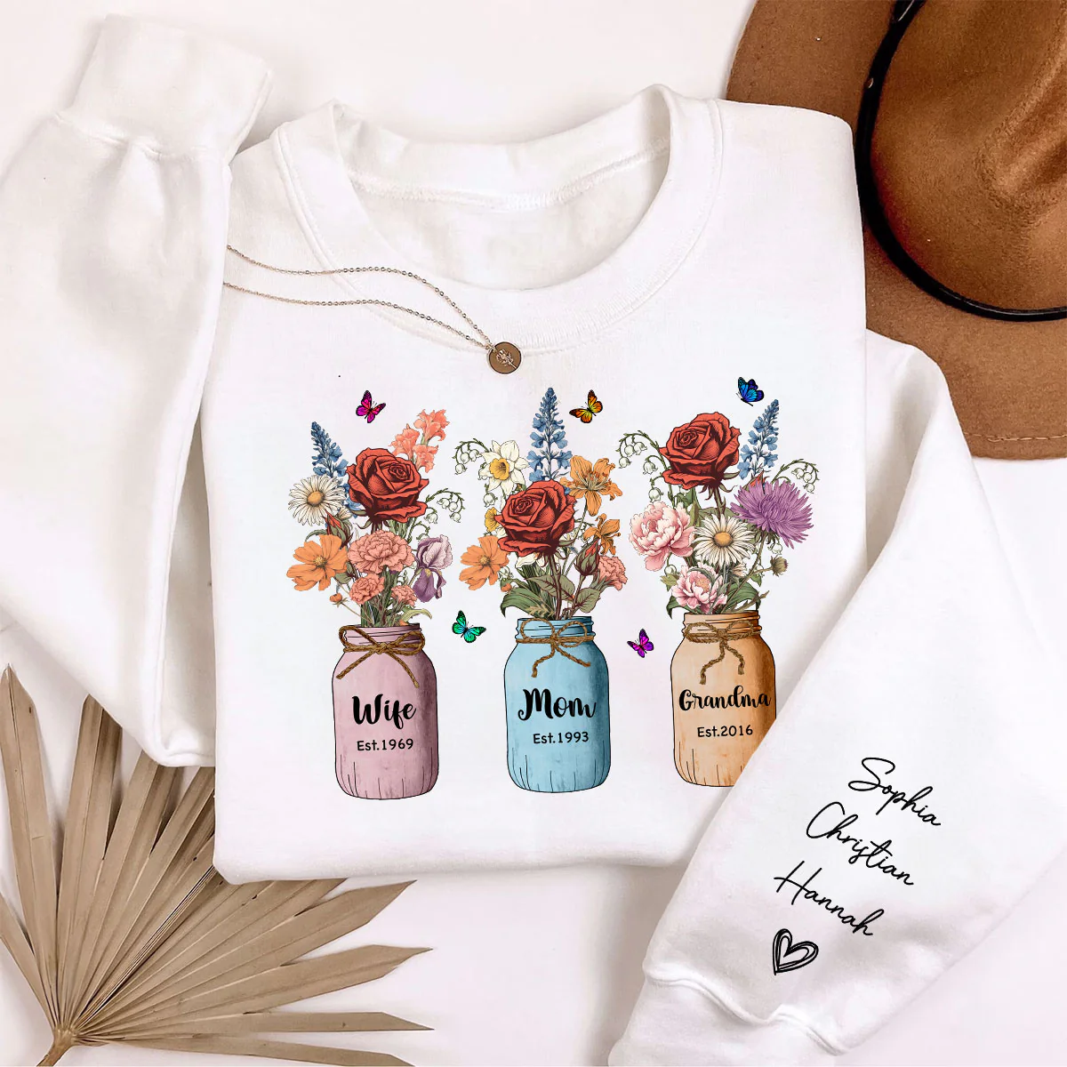 Wife Mom Grandma Vintage Birth Month Flowers Personalized Sleeve Printed Sweatshirt