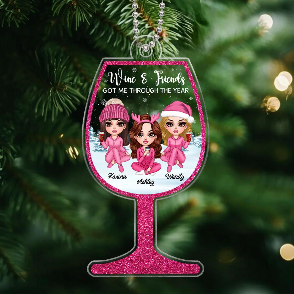 Wine Glass Pink Besties Sisters Personalized Acrylic Ornament, Christmas Gift - Image 2