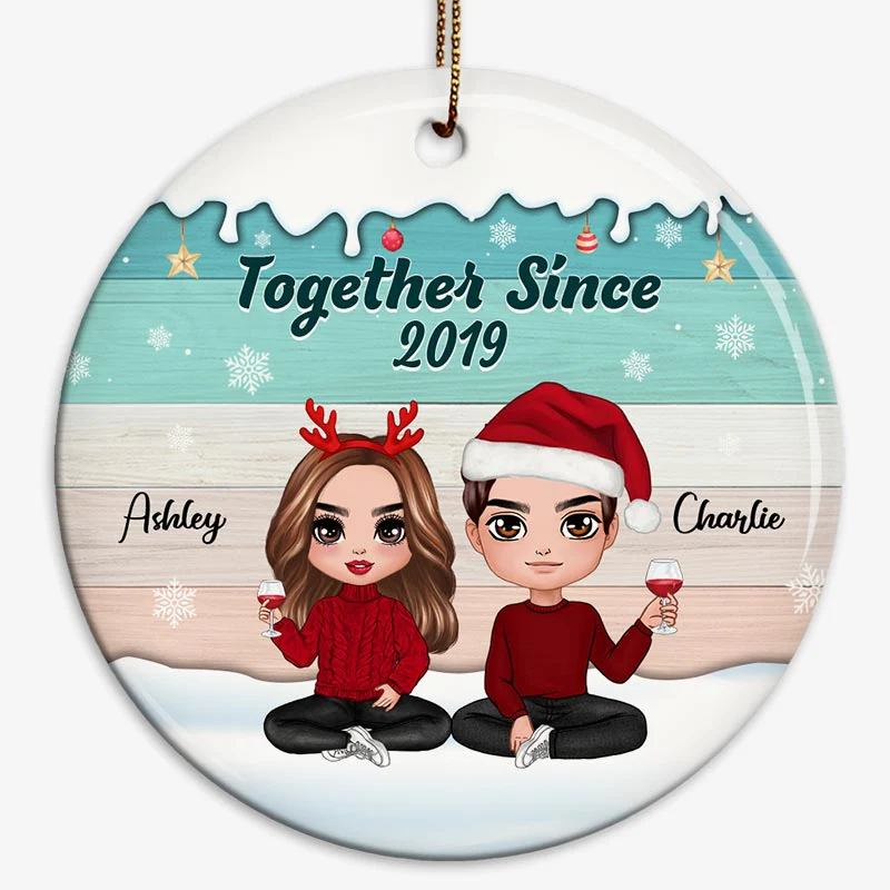 Winter Christmas Color Palette Doll Couple Together Since Personalized Circle Ornament