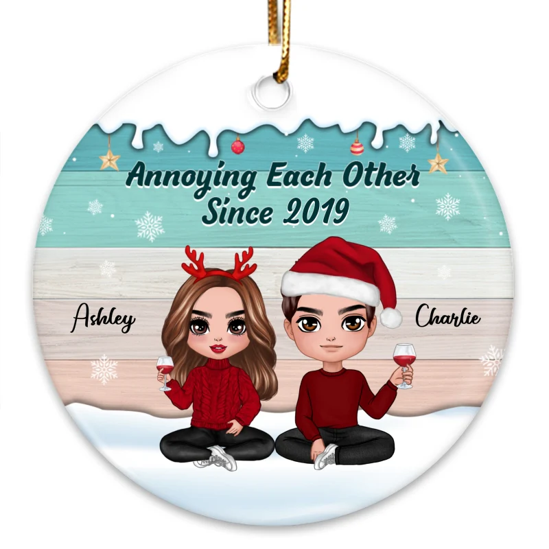 Winter Christmas Color Palette Doll Couple Together Since Personalized Circle Ornament - Image 3