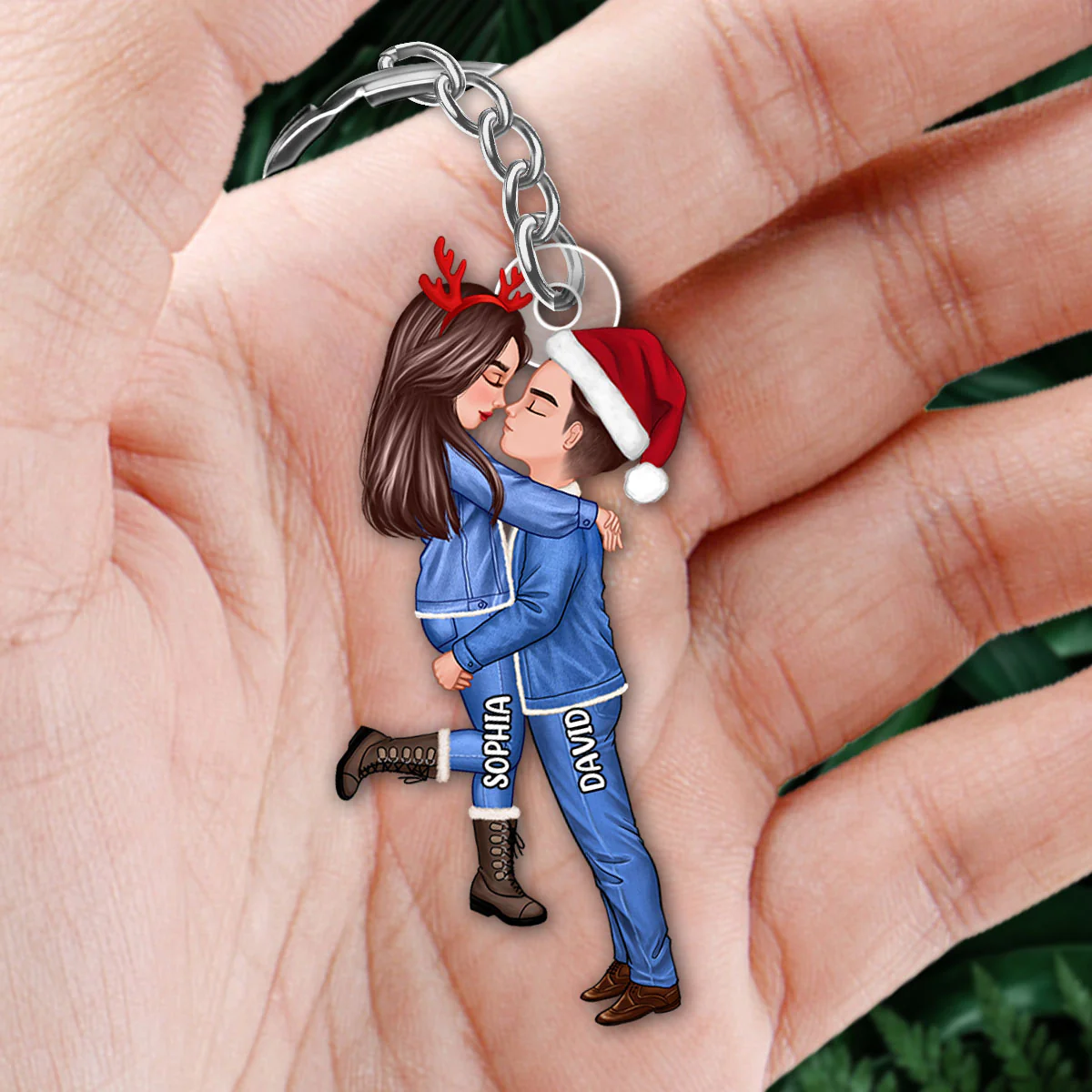 Winter Couple Hugging Kissing Personalized Acrylic Keychain - Image 2