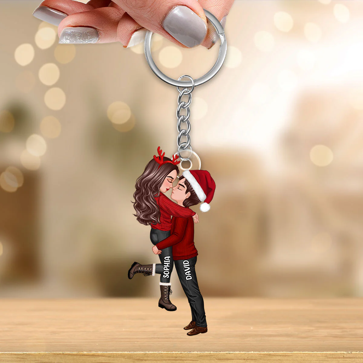 Winter Couple Hugging Kissing Personalized Acrylic Keychain - Image 3