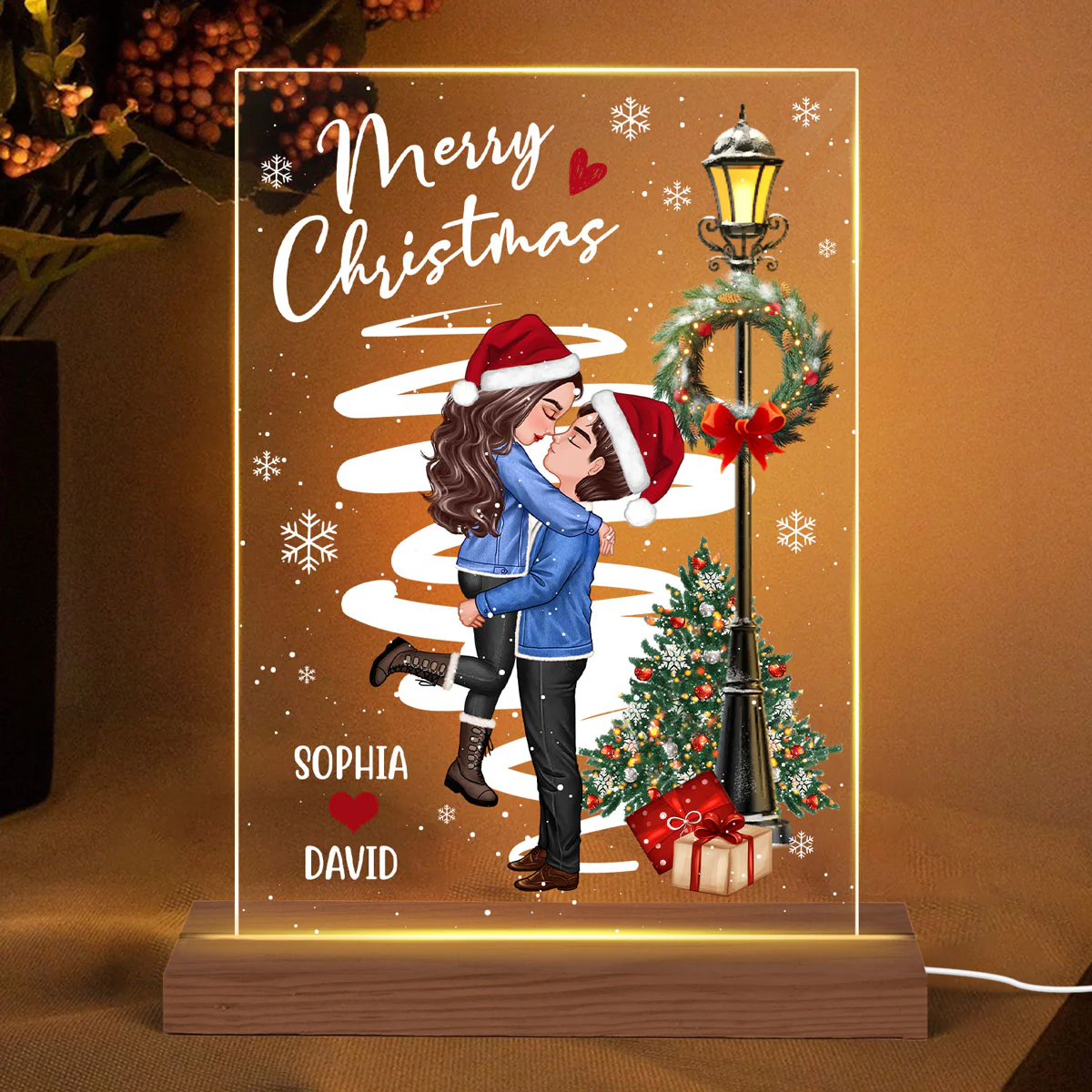 Winter Couple Hugging Kissing Snow Personalized Rectangle Acrylic LED Night Light - Image 2