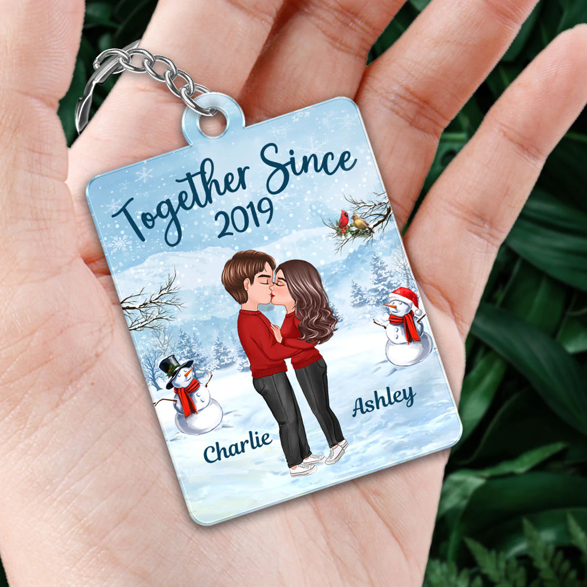 Winter Doll Couple Kissing Favorite Song Scannable QR Code Personalized Acrylic Keychain - Image 2