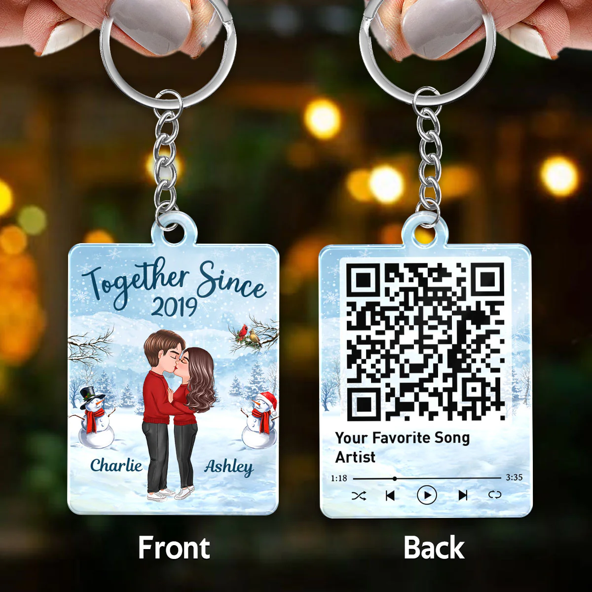 Winter Doll Couple Kissing Favorite Song Scannable QR Code Personalized Acrylic Keychain - Image 3