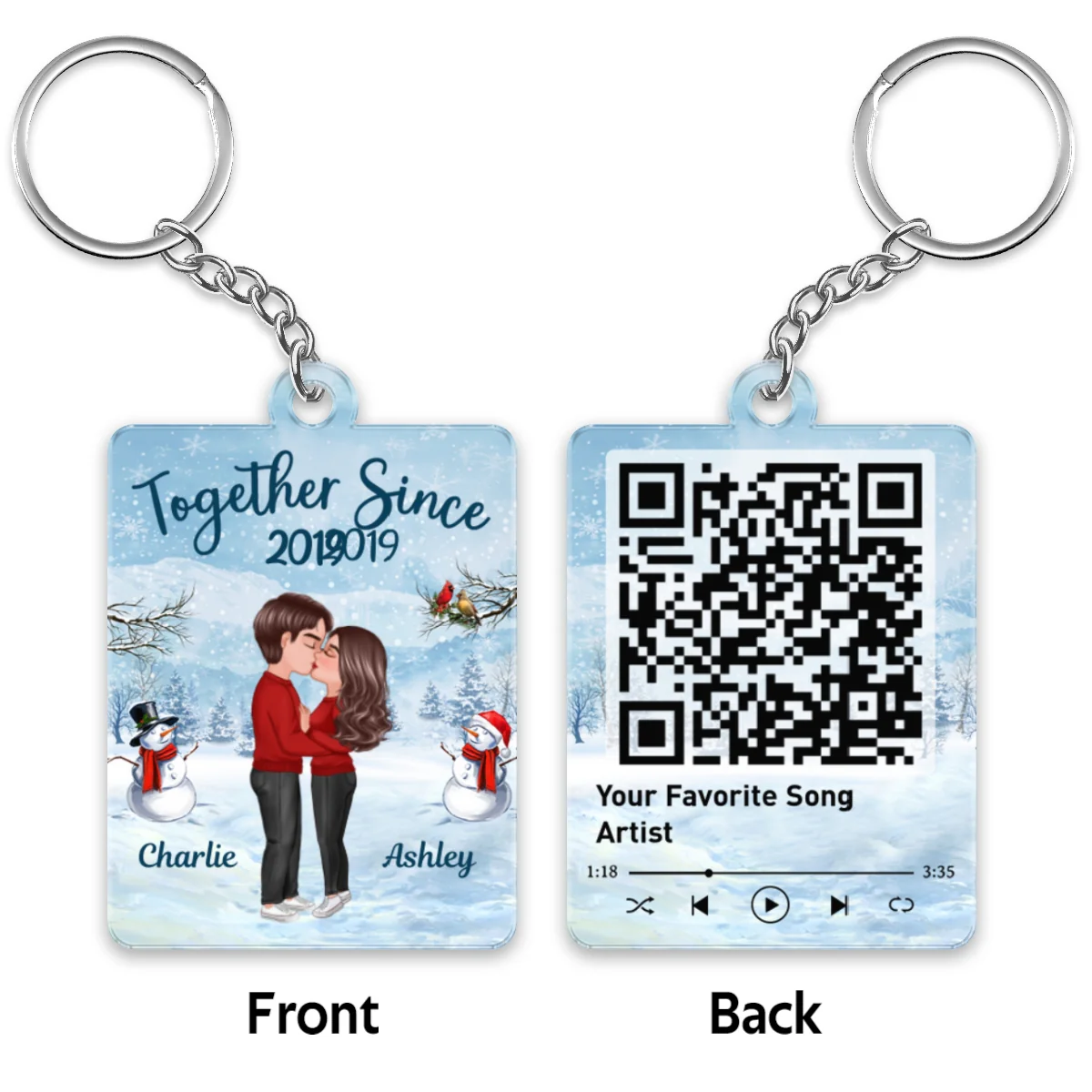 Winter Doll Couple Kissing Favorite Song Scannable QR Code Personalized Acrylic Keychain - Image 4