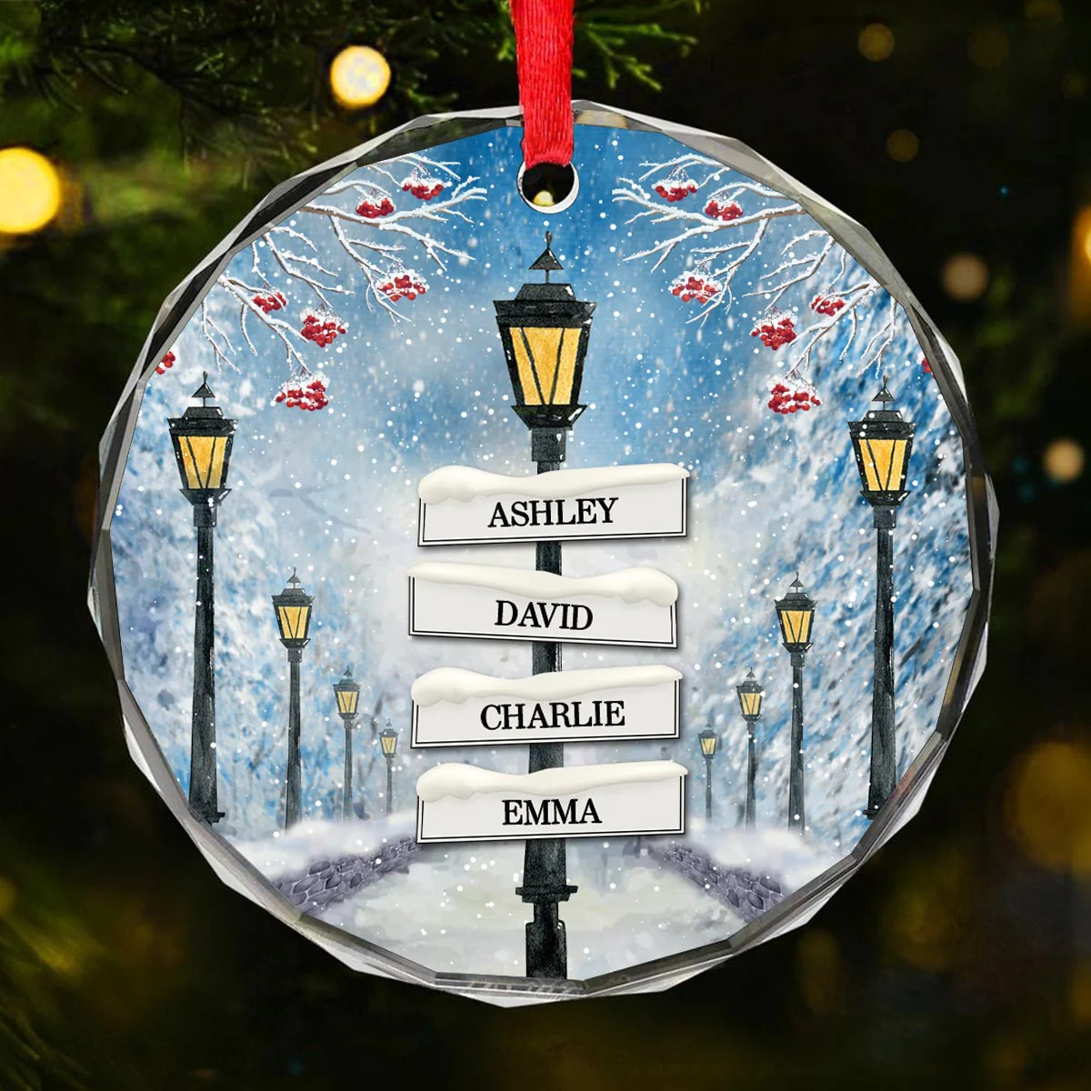 Winter Family Names Lamp Post Signs Christmas Glass Ornament, Christmas Gift For Family