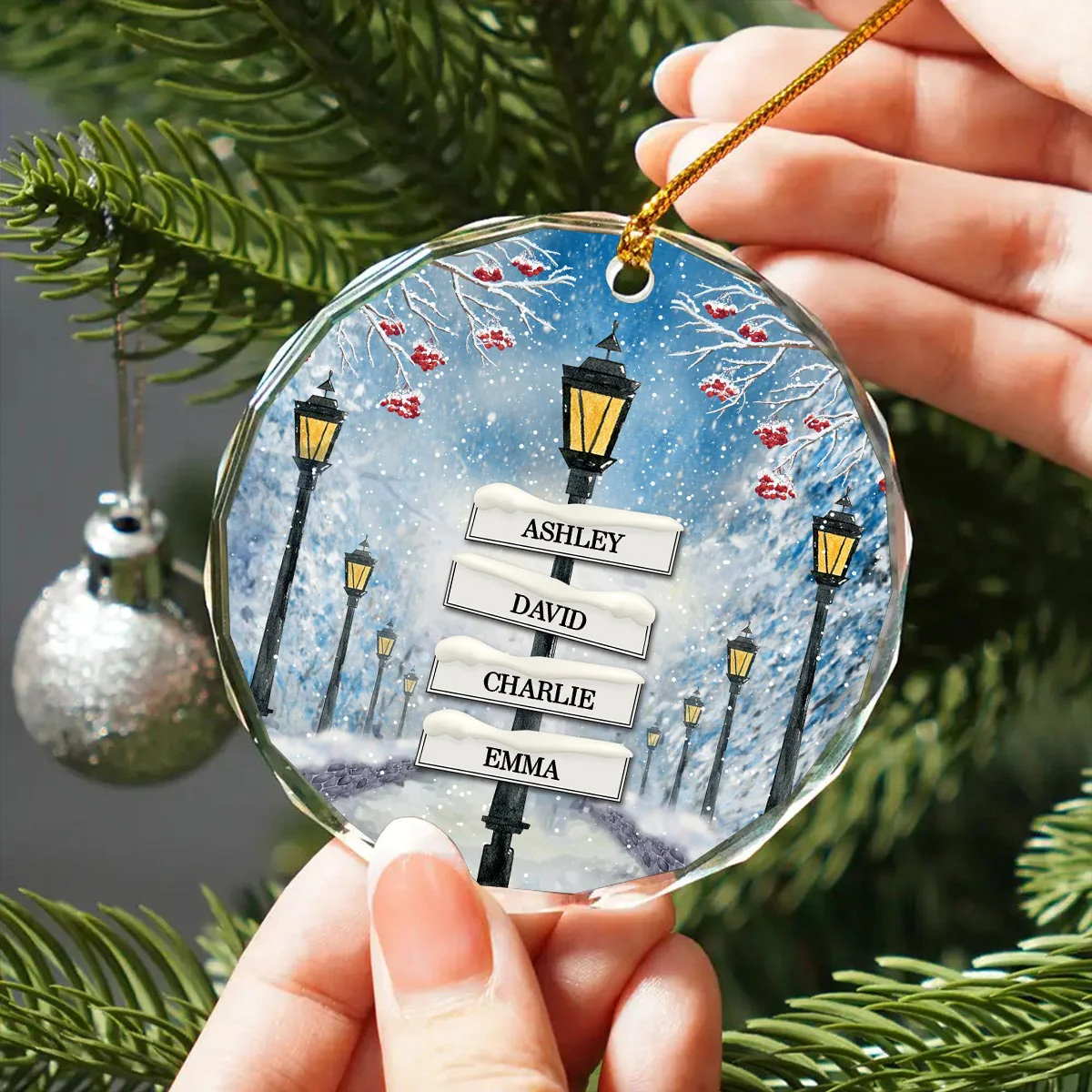 Winter Family Names Lamp Post Signs Christmas Glass Ornament, Christmas Gift For Family - Image 2