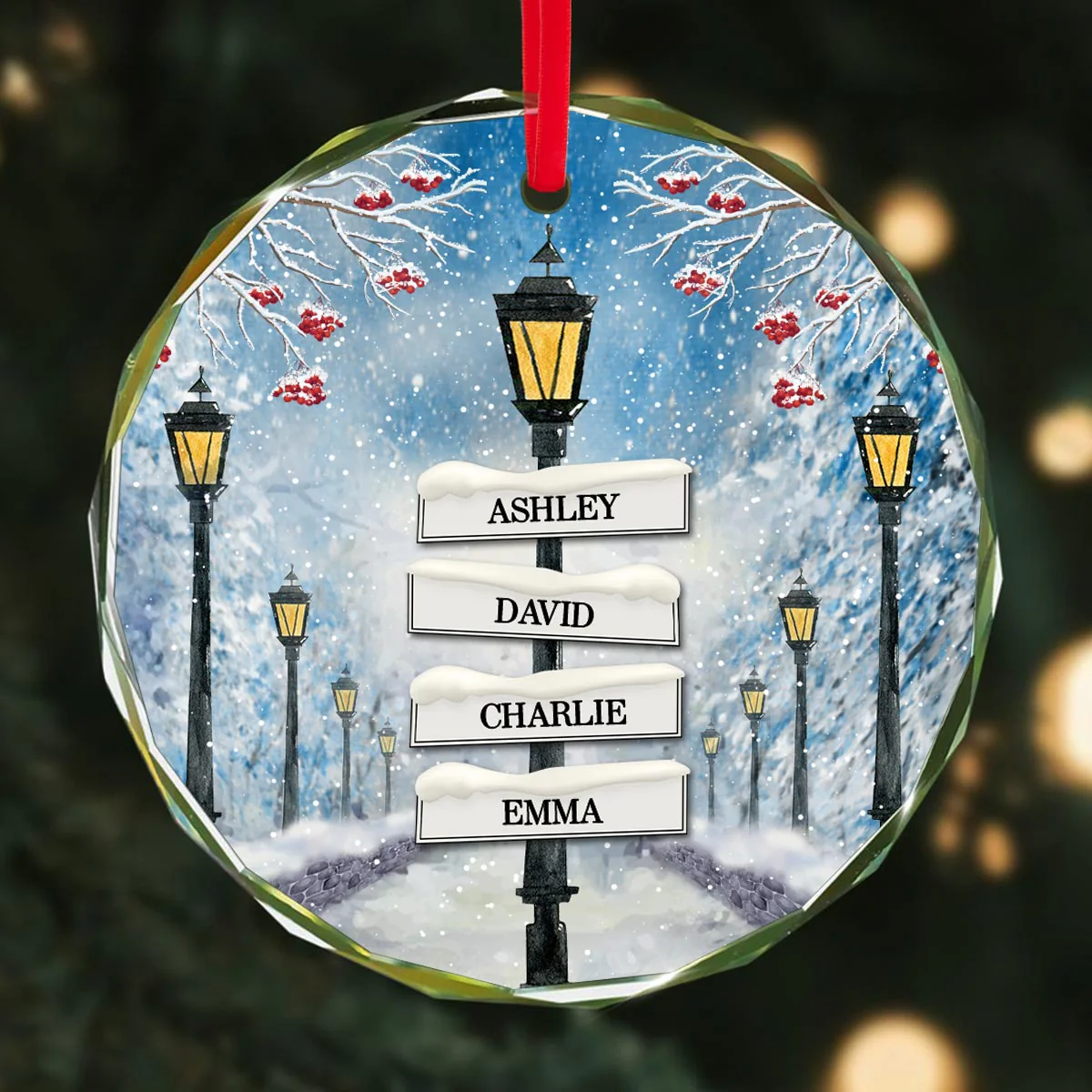 Winter Family Names Lamp Post Signs Christmas Glass Ornament, Christmas Gift For Family - Image 3