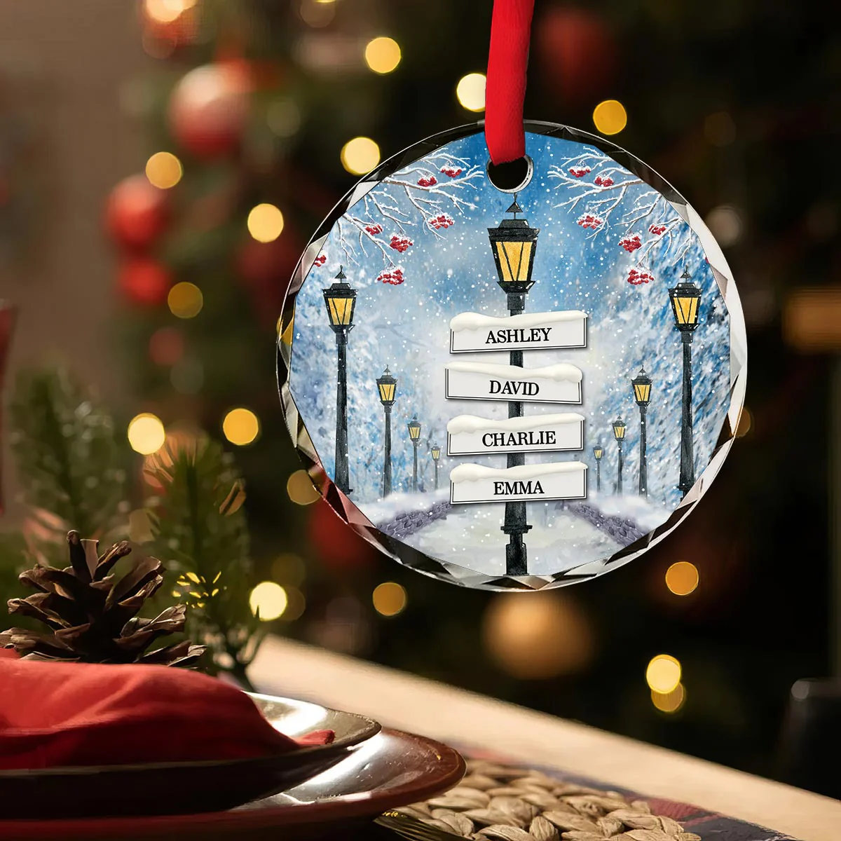 Winter Family Names Lamp Post Signs Christmas Glass Ornament, Christmas Gift For Family - Image 4