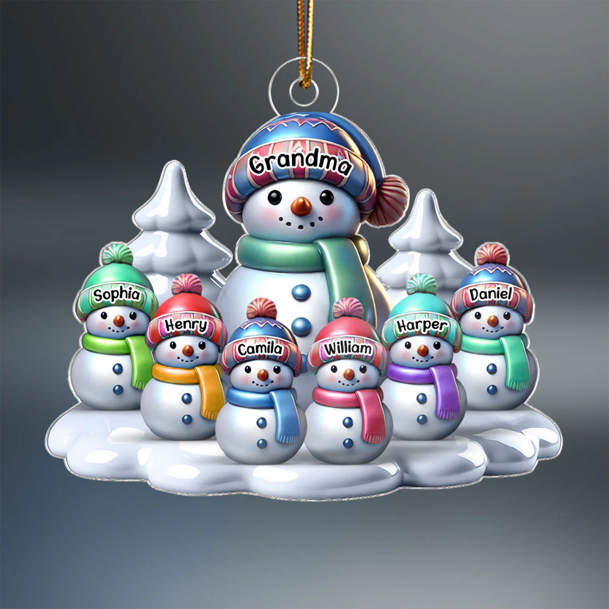 3D Effect Winter Grandma & Grandkids Snowmen Christmas Personalized Acrylic Ornament - Image 2