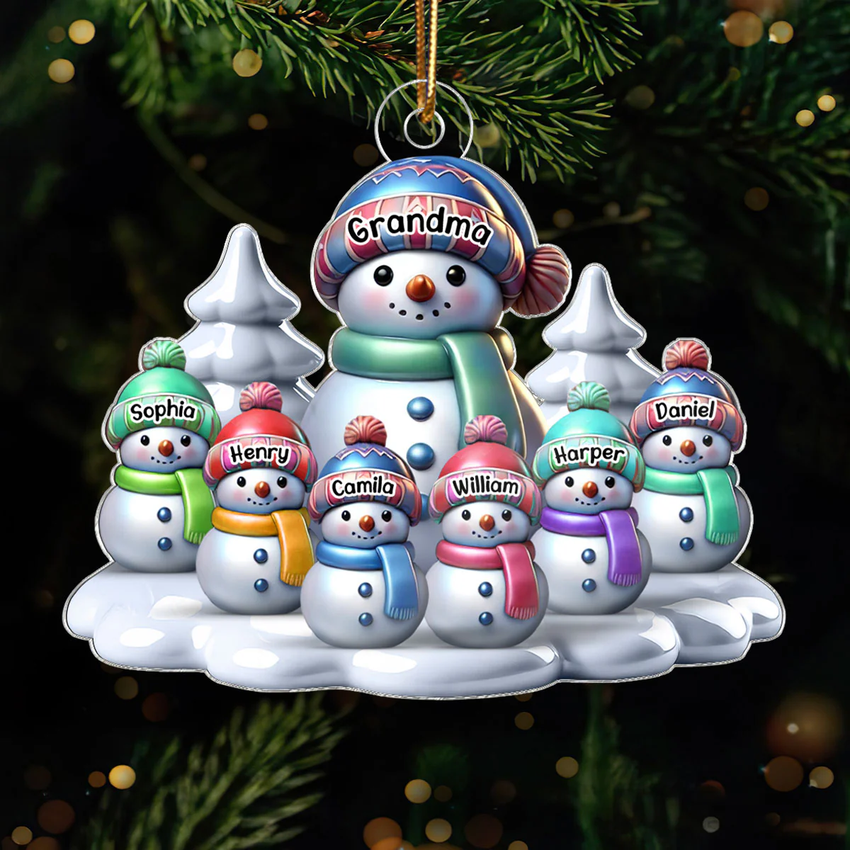 3D Effect Winter Grandma & Grandkids Snowmen Christmas Personalized Acrylic Ornament - Image 3