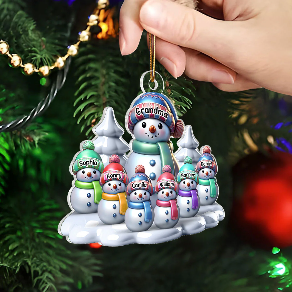 3D Effect Winter Grandma & Grandkids Snowmen Christmas Personalized Acrylic Ornament - Image 4