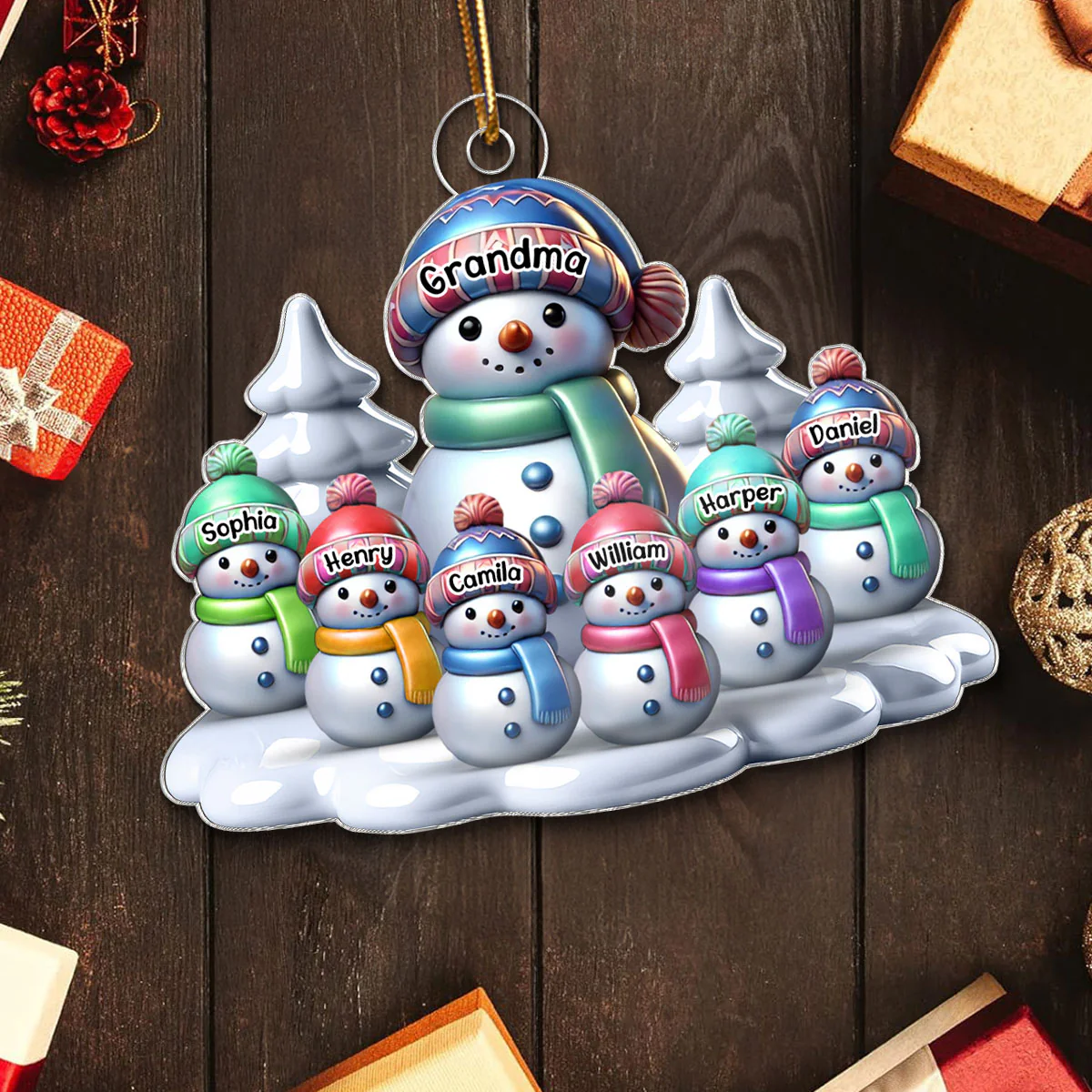 3D Effect Winter Grandma & Grandkids Snowmen Christmas Personalized Acrylic Ornament - Image 5