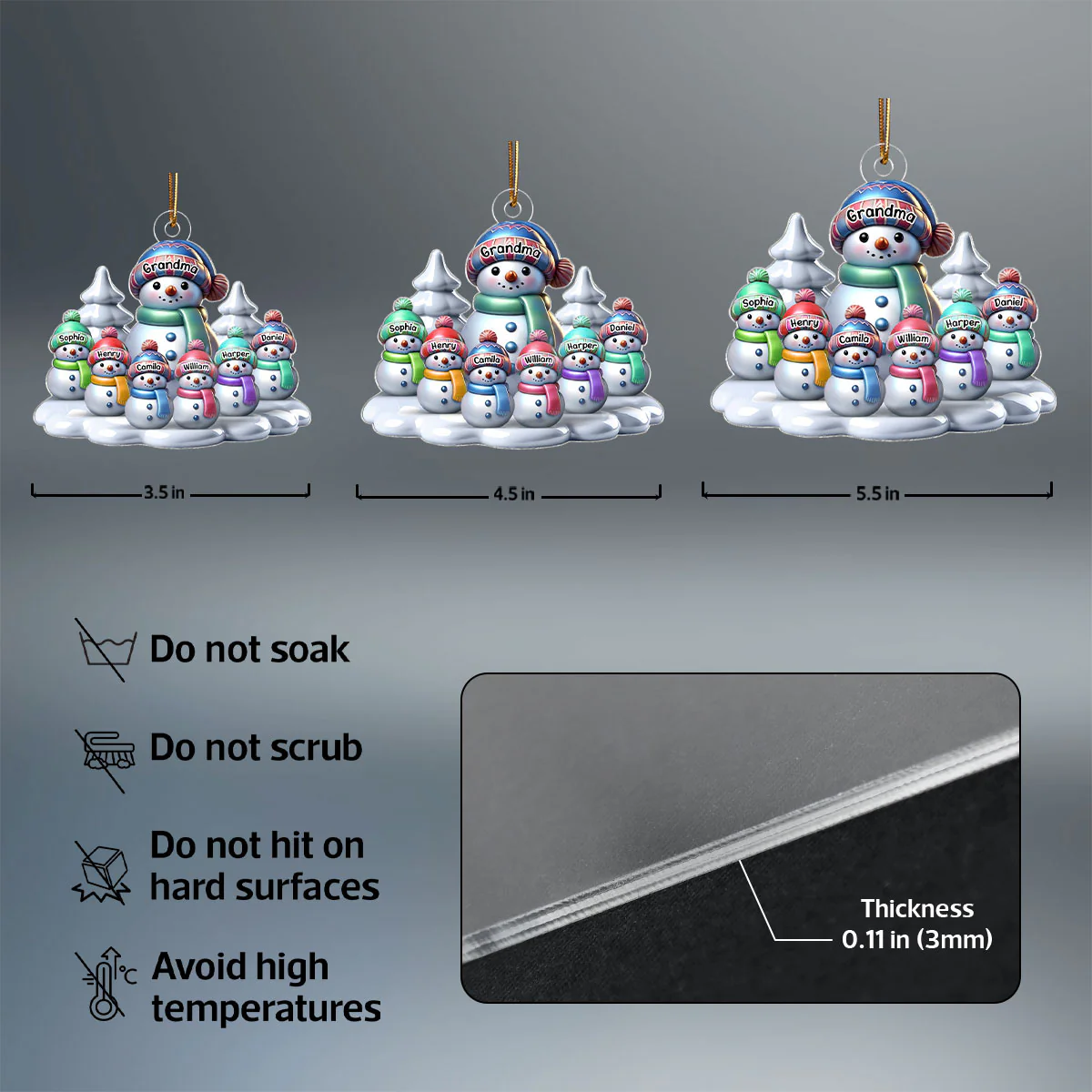 3D Effect Winter Grandma & Grandkids Snowmen Christmas Personalized Acrylic Ornament - Image 6