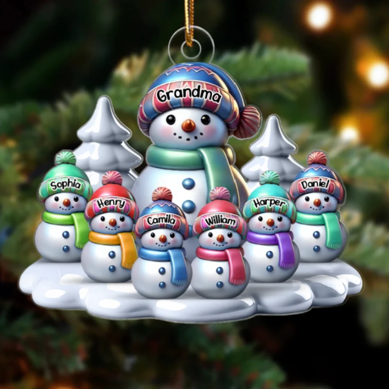 3D Effect Winter Grandma & Grandkids Snowmen Christmas Personalized Acrylic Ornament - Image 7