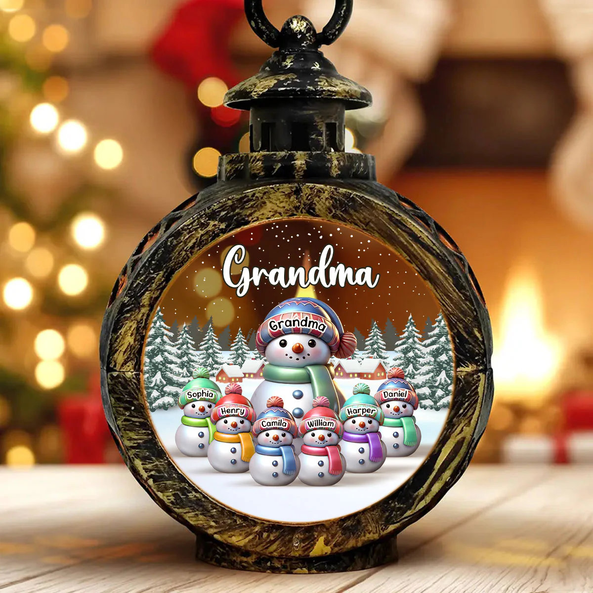 Winter Grandma & Grandkids Snowmen Christmas Personalized Lantern Ornament, Christmas Gift For Grandma, Grandkids - Image 3