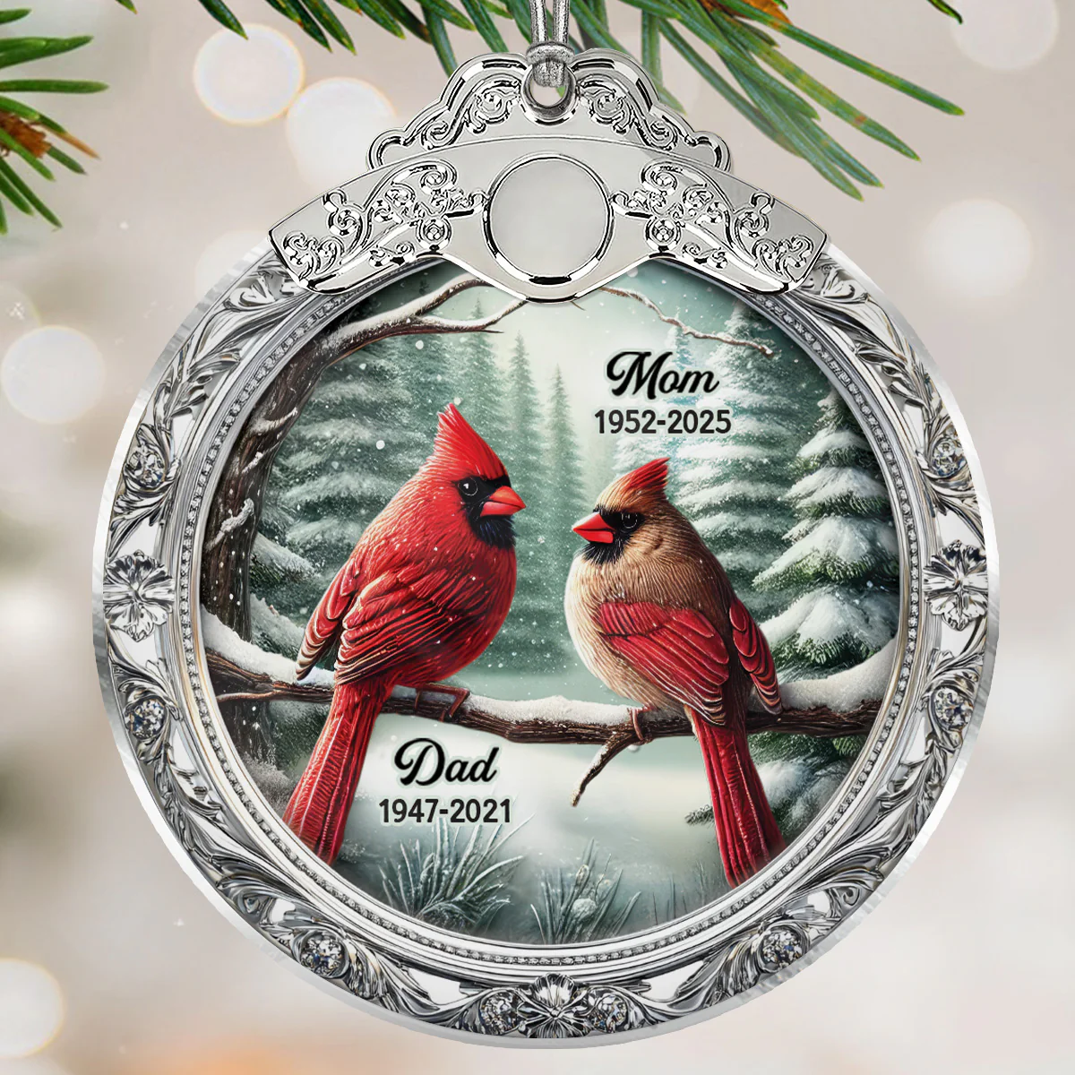 Winter Scene Memorial Cardinal 3D Effect - Personalized Glass Ornament With Silver Cap - Sympathy Gift Remembrance Keepsake
