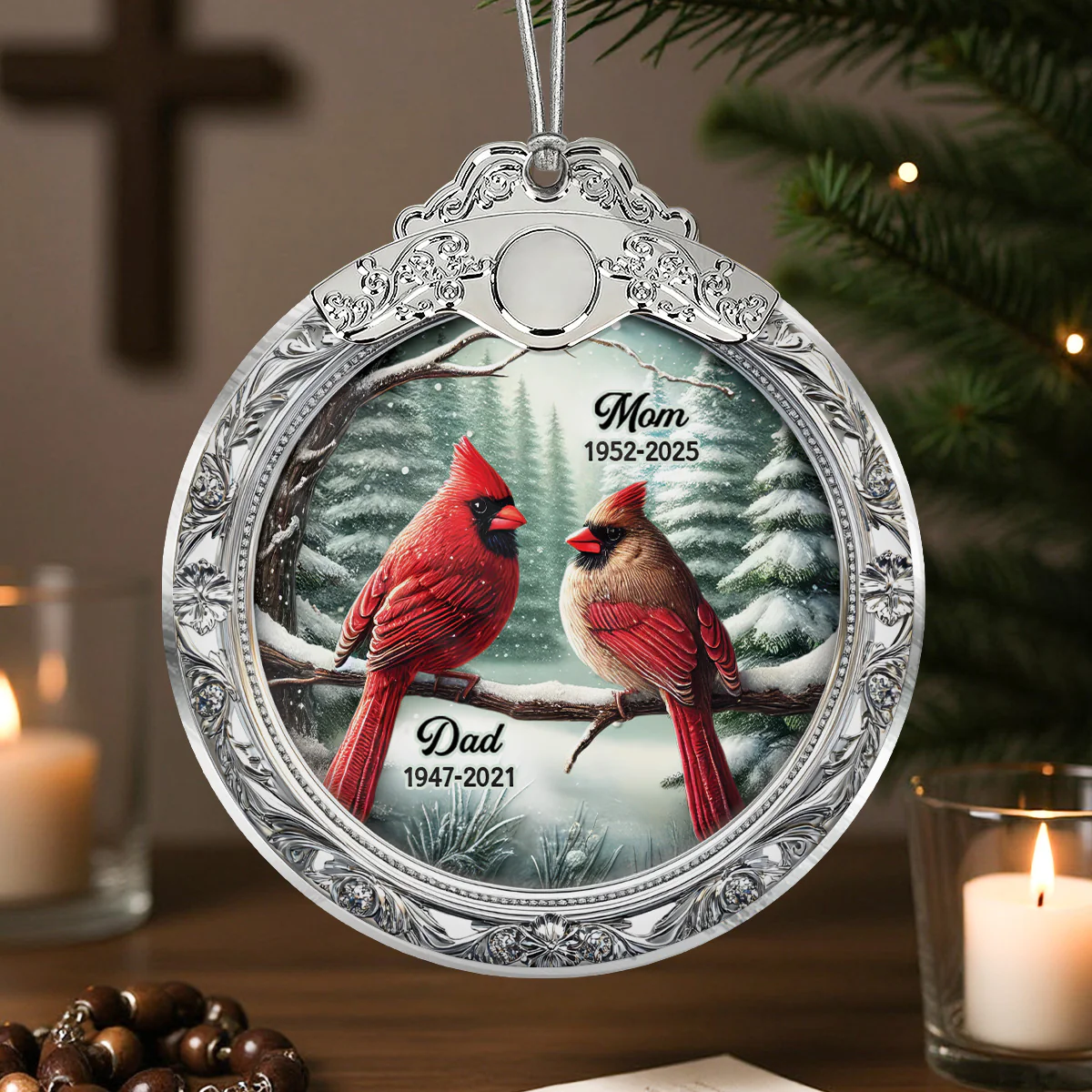 Winter Scene Memorial Cardinal 3D Effect - Personalized Glass Ornament With Silver Cap - Sympathy Gift Remembrance Keepsake - Image 2