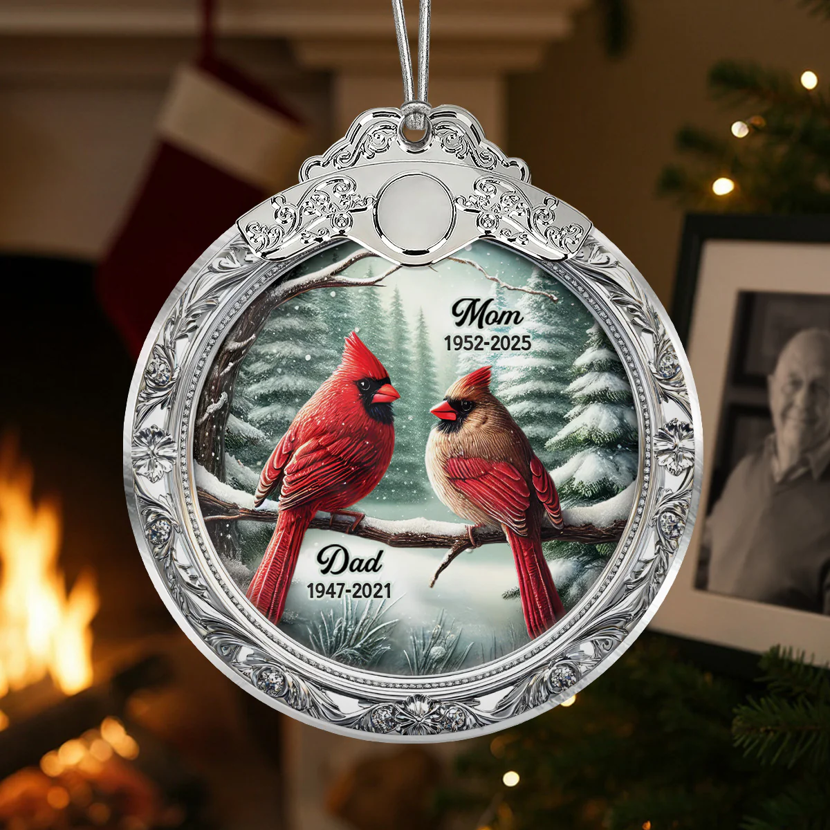 Winter Scene Memorial Cardinal 3D Effect - Personalized Glass Ornament With Silver Cap - Sympathy Gift Remembrance Keepsake - Image 3